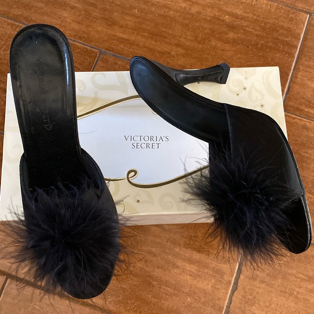 Victoria Secret Black Satin Feather  Slippers